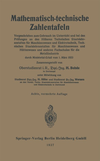 Mathematisch-technische Zahlentafeln - Heinrich Bohde, Paul Werners, Hugo Höhn