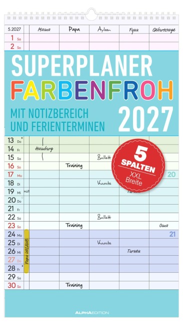 Superplaner Farbenfroh - 5 Spalten 2027 - 