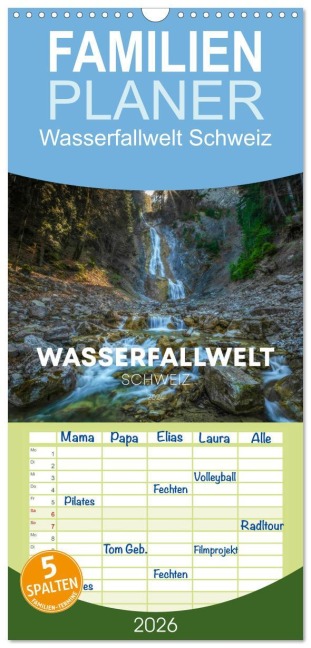 Familienplaner 2026 - Wasserfallwelt Schweiz mit 5 Spalten (Wandkalender, 21 x 45 cm) CALVENDO - Simon Schuhmacher