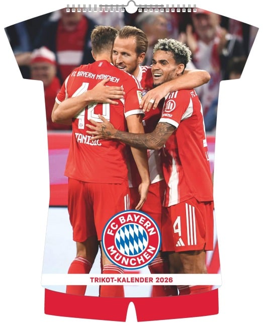 N Neumann - FC Bayern München 2026 - Trikotkalender 34x42 cm mit 12 Monatsblättern, 2-sprachigem Kalendarium & Spiralbindung, origineller Fußball-Wandkalender in Trikotform für Fans - 