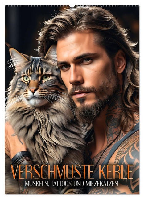 Verschmuste Kerle - Muskeln, Tattoos und Miezekatzen (Wandkalender 2026 DIN A2 hoch), CALVENDO Monatskalender - Renate Utz
