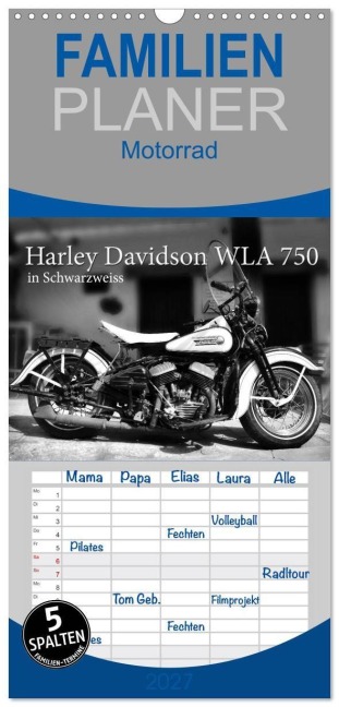 Familienplaner 2027 - Harley Davidson WLA 750 in Schwarzweiss mit 5 Spalten (Wandkalender, 21 x 45 cm) CALVENDO - Ingo Laue