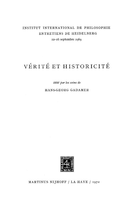 Truth and Historicity / Vérité et Historicité - 