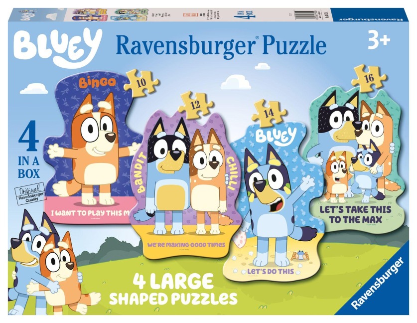 Ravensburger Kinderpuzzle 03132 - Bluey: Auf geht's! - 4 konturgeformte Puzzles mit 10, 12, 14 und 16 großen, stabilen Puzzleteilen, für kleine Bluey-Fans ab 3 Jahren - 