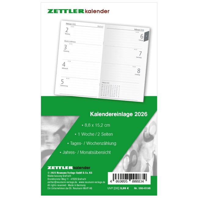 Kalender-Ersatzeinlage 2026 - für den Taschenplaner Typ 560 - 8,8x15,2 cm - 1 Woche auf 2 Seiten - separates Adressheft - Notizheft - 560-6198 - 
