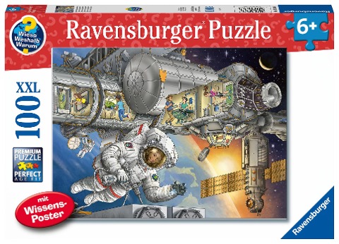 Ravensburger Kinderpuzzle 13366 - Auf der Weltraumstation - Wieso? Weshalb? Warum? Puzzle 100 Teile XXL + Wissensposter, für Weltraumfans ab 6 Jahren - 