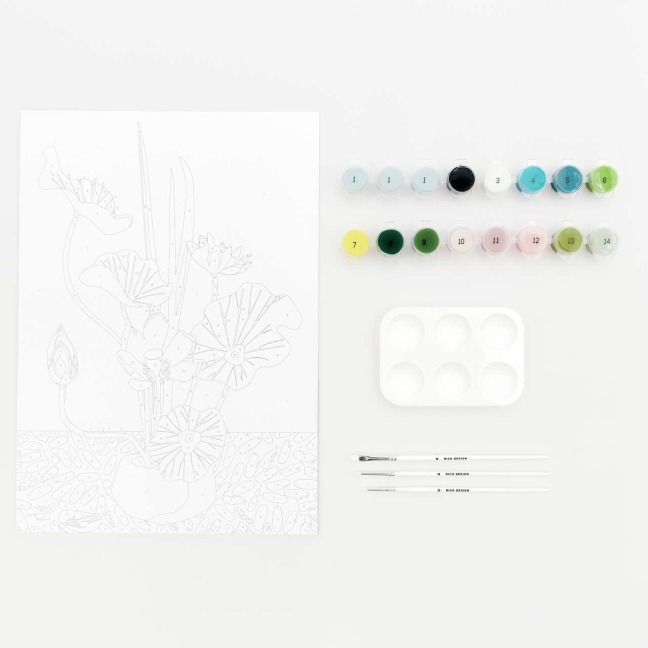 Malen nach Zahlen Set, Lotus, 26 x 37 cm, FSC 100%, Inhalt: 1 Malkarton, 16 Acrylfarben für ein Motiv, 3 Pinsel, 1 Malpalette - 