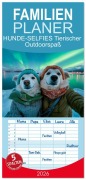 Cover-Bild zum Titel 'Familienplaner 2026 - HUNDE-SELFIES Tierischer Outdoorspaß mit 5 Spalten (Wandkalender, 21 x 45 cm) CALVENDO' von 'Melanie Viola'