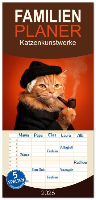Familienplaner 2026 - Katzenkunstwerke mit 5 Spalten (Wandkalender, 21 x 45 cm) CALVENDO - Sabine Löwer