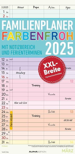 Familienplaner Farbenfroh 2025 mit 4 Spalten - Familien-Timer 22x45 cm - Offset-Papier - mit Ferienterminen - Wand-Planer - Familienkalender - Alpha Edition - 