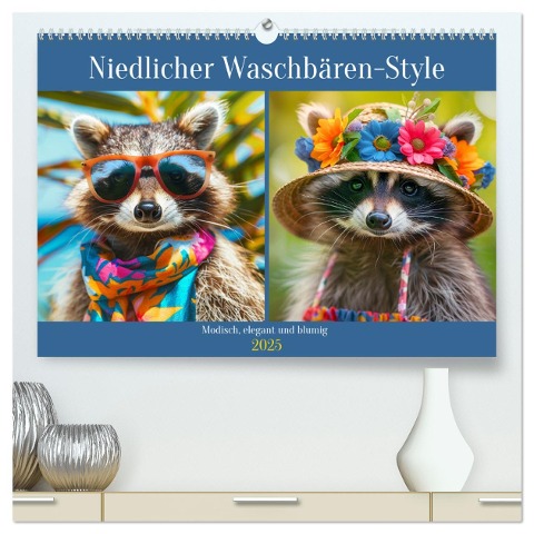 Niedlicher Waschbären-Style. Modisch, elegant und blumig (hochwertiger Premium Wandkalender 2025 DIN A2 quer), Kunstdruck in Hochglanz - Rose Hurley