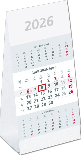 3-Monats-Aufstellkalender 2026 - 10,5x14,5 cm - 3 Monate auf 1 Seite - mit Kopftafel und Datumsschieber - Mehrmonatskalender - 980-0000 - 