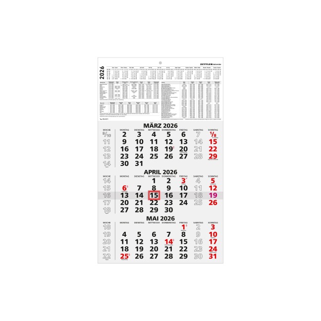 3-Monatskalender schwarz/rot 2026 - 29,7x48,8 - mit Kopftafel - Datumsschieber - 956-0000 - 
