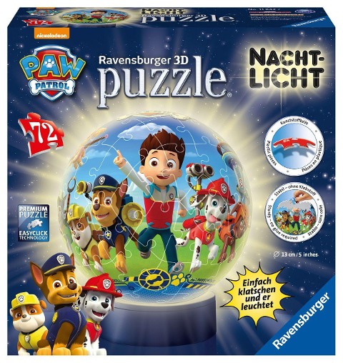 Ravensburger 3D Puzzle 11842 - Nachtlicht Puzzle-Ball Paw Patrol - ab 6 Jahren, LED Nachttischlampe mit Klatsch-Schalter - 72 Teile - 