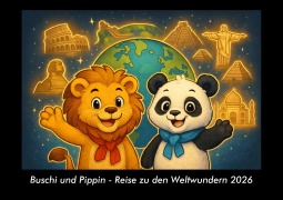 Cover-Bild zum Titel 'Buschi und Pippin - Reise zu den Weltwundern 2026 Fotokalender DIN A3' von 'Kevin Heber, Tobias Schmitt'