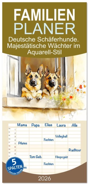 Familienplaner 2026 - Deutsche Schäferhunde. Majestätische Wächter im Aquarell-Stil mit 5 Spalten (Wandkalender, 21 x 45 cm) CALVENDO - Rose Hurley