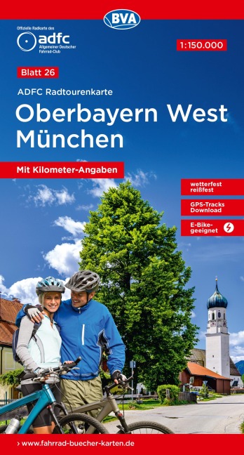 ADFC-Radtourenkarte 26 Oberbayern West München 1:150.000, reiß- und wetterfest, E-Bike geeignet, GPS-Tracks Download, mit Kilometer-Angaben - 