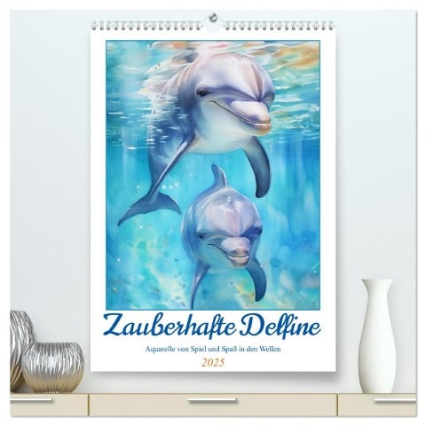 Zauberhafte Delfine. Aquarelle von Spiel und Spaß in den Wellen (hochwertiger Premium Wandkalender 2025 DIN A2 hoch), Kunstdruck in Hochglanz - Rose Hurley