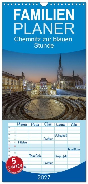Familienplaner 2027 - Chemnitz zur blauen Stunde mit 5 Spalten (Wandkalender, 21 x 45 cm) CALVENDO - Johnny Flash