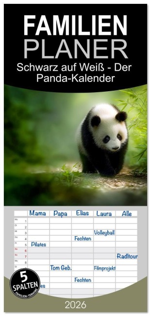 Familienplaner 2026 - Schwarz auf Weiß - Der Panda-Kalender mit 5 Spalten (Wandkalender, 21 x 45 cm) CALVENDO - Simone Wunderlich