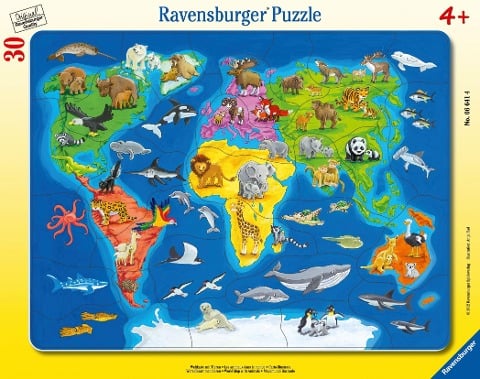 Weltkarte mit Tieren. Rahmenpuzzle 30 Teile - 