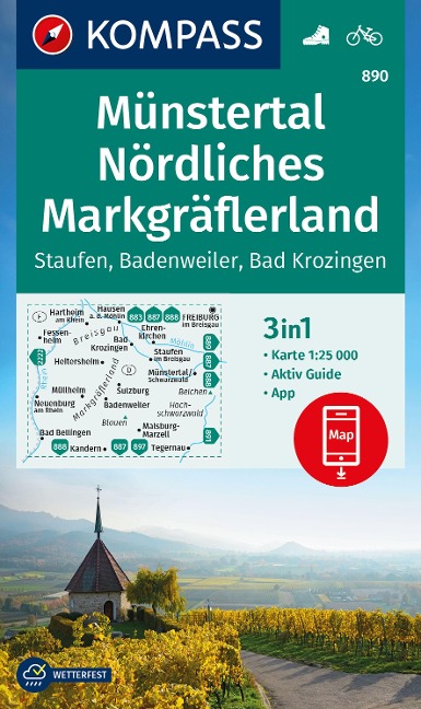 KOMPASS Wanderkarte 890 Münstertal, Nördliches Markgräflerland, Staufen, Badenweiler, Bad Krozingen 1:25.000 - 