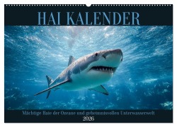Cover-Bild zum Titel 'Hai Kalender - Mächtige Haie der Ozeane und geheimnisvollen Unterwasserwelt (Wandkalender 2026 DIN A2 quer), CALVENDO Monatskalender' von 'Mb Fotografie'
