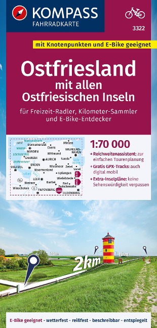 KOMPASS Fahrradkarte 3322 Ostfriesland mit allen Ostfriesischen Inseln mit Knotenpunkten 1:70.000 - 