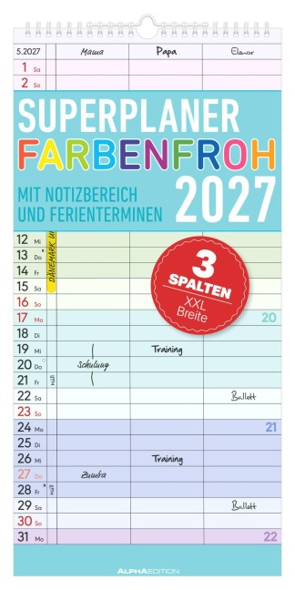 Superplaner Farbenfroh - 3 Spalten 2027 - 