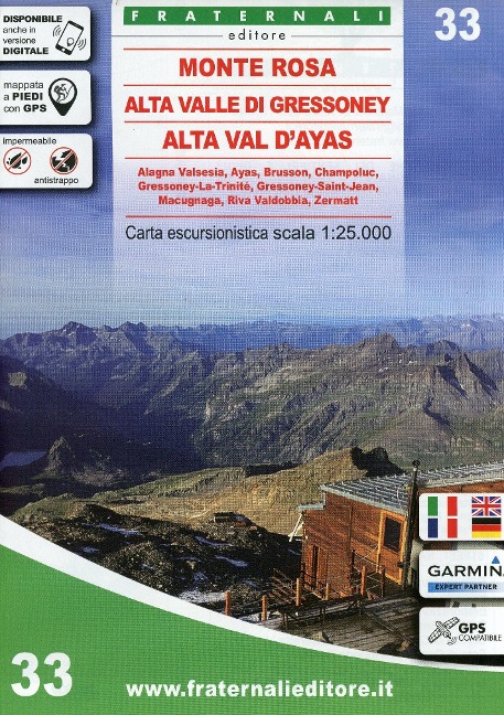 Carta n. 33. Monte Rosa, Alta Valle di Gressoney, Alta Val d'Ayas. Carta escursionistica 1:25.000 - 