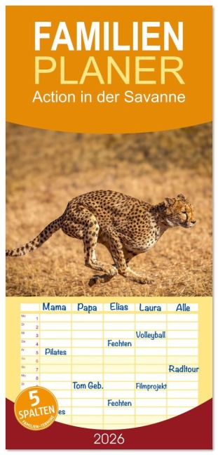 Familienplaner 2026 - Action in der Savanne mit 5 Spalten (Wandkalender, 21 x 45 cm) CALVENDO - Tina Olbrich