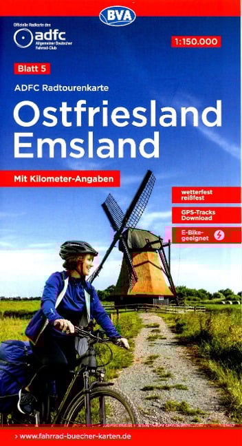 ADFC-Radtourenkarte 5 Ostfriesland / Emsland 1:150.000, reiß- und wetterfest, E-Bike geeignet, GPS-Tracks Download, mit Bett+Bike-Symbolen, mit Kilometer-Angaben - 