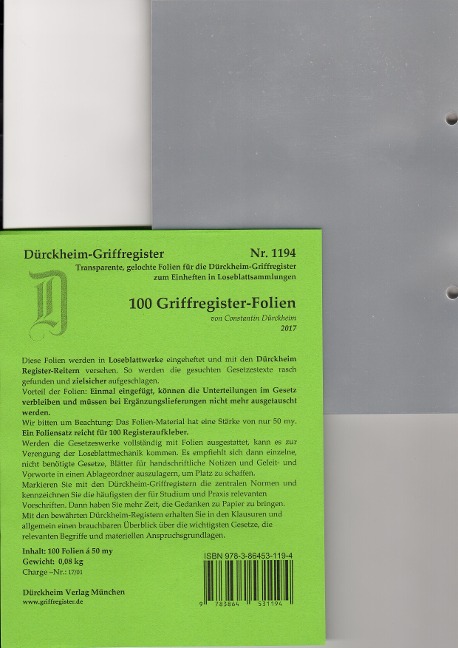 100 DürckheimRegister®-FOLIEN für STEUERGESETZE u.a; zum Einheften und Unterteilen der Gesetzessammlungen - 