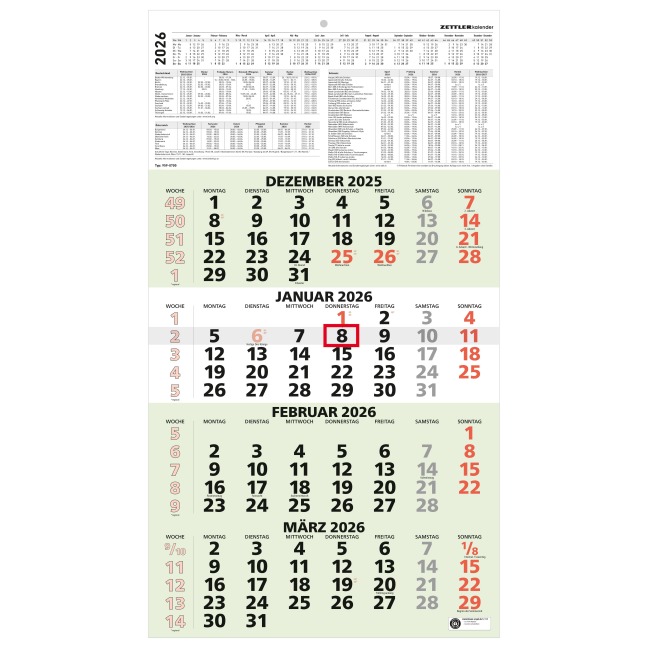 4-Monatskalender Recycling 2026 - 33x45 cm - mit Kopftafel und Datumsschieber - Blauer Engel - Mehrmonatsplaner - 959-0700 - 