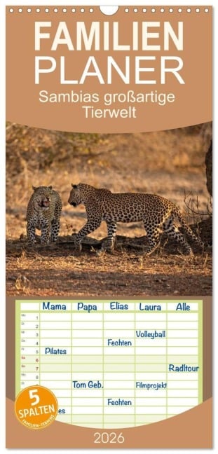 Familienplaner 2026 - Sambias großartige Tierwelt mit 5 Spalten (Wandkalender, 21 x 45 cm) CALVENDO - Michael Voß