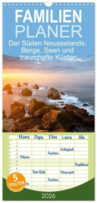 Familienplaner 2026 - Der Süden Neuseelands: Berge, Seen und traumhafte Küsten mit 5 Spalten (Wandkalender, 21 x 45 cm) CALVENDO - Gerhard Aust