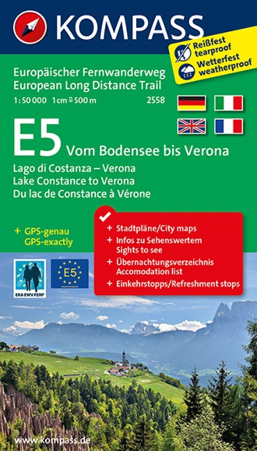 KOMPASS Wander-Tourenkarte Europäischer Fernwanderweg E5 Vom Bodensee bis Verona 1:50.000 - 