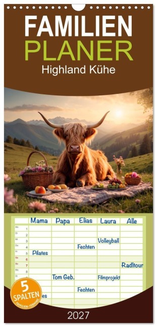 Familienplaner 2027 - Highland Kühe mit 5 Spalten (Wandkalender, 21 x 45 cm) CALVENDO - Heidi Spiegler