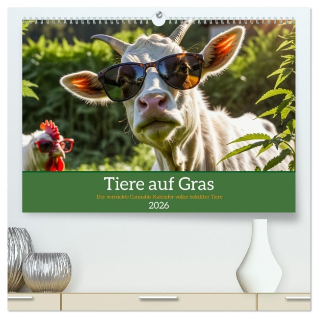 Tiere auf Gras - Der verrückte Cannabis-Kalender voller bekiffter Tiere (hochwertiger Premium Wandkalender 2026 DIN A2 quer), Kunstdruck in Hochglanz - Mb Fotografie