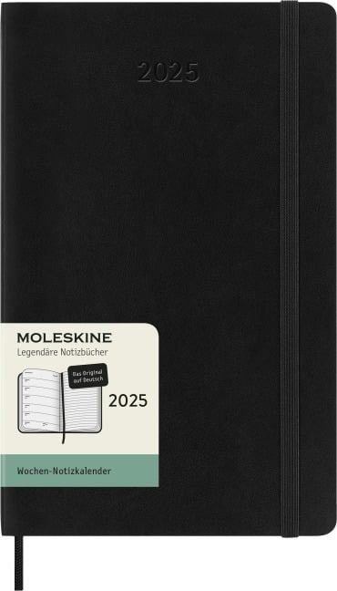 Moleskine 12 Monate Wochen Notizkalender Deutsch 2025, Large/A5, 1 Wo = 1 Seite, rechts linierte Seite, Weicher Einband, Schwarz - 