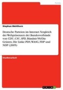 Cover-Bild zum Titel 'Deutsche Parteien im Internet. Vergleich der Webpräsenzen der Bundesverbände von CDU, CSU, SPD, Bündnis'90/Die Grünen, Die Linke.PDS, WASG, FDP und NDP (2005)' von 'Stephan Mehlhorn'
