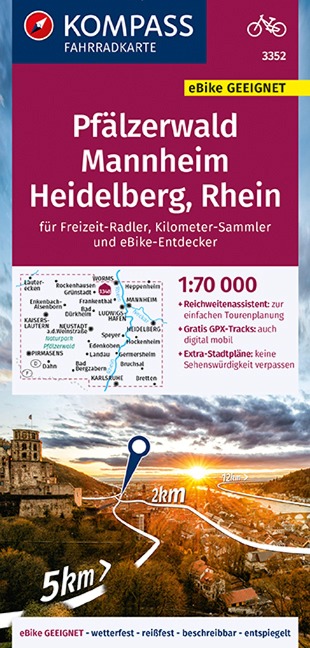 KOMPASS Fahrradkarte 3352 Pfälzerwald, Mannheim, Heidelberg, Rhein 1:70.000 - 