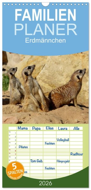 Familienplaner 2026 - Erdmännchen mit 5 Spalten (Wandkalender, 21 x 45 cm) CALVENDO - Heike Hultsch