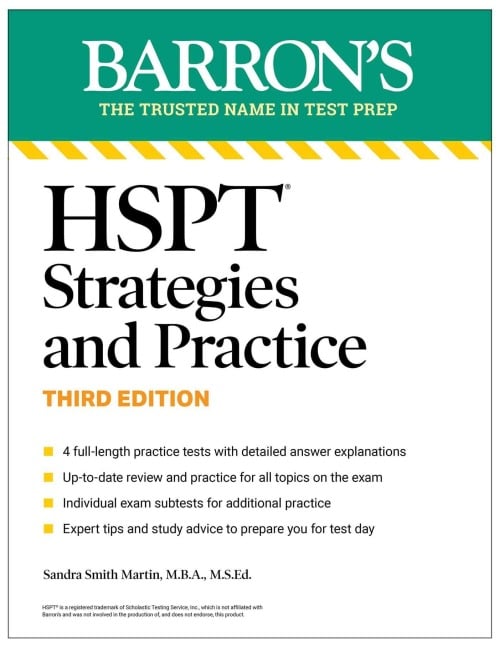 HSPT Strategies and Practice, Third Edition: Prep Book with 4 Practice Tests + Comprehensive Review + Practice + Strategies (Barron's Test Prep) - Sandra Martin