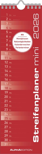 Streifenplaner Mini Rot 2026 - Streifen-Kalender 9,5x33 cm - Küchenkalender - Wandplaner - Alpha Edition - 