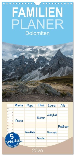 Familienplaner 2026 - Dolomiten mit 5 Spalten (Wandkalender, 21 x 45 cm) CALVENDO - Roman Burri