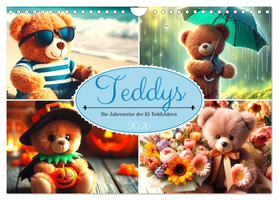 Teddys - Die Jahresreise der KI-Teddybären (Wandkalender 2026 DIN A4 quer), CALVENDO Monatskalender - Marco Warstat