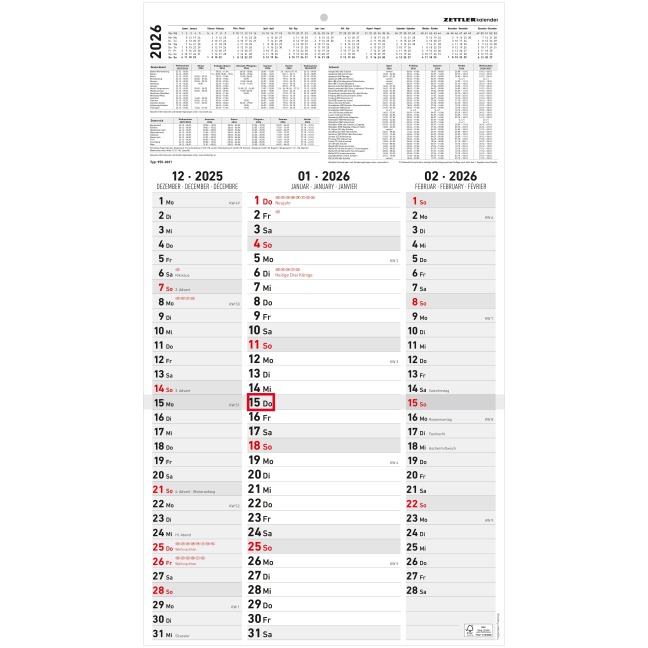 3-Monatskalender Streifenplaner 2026 - Büro-Kalender 33x58,8 cm (geöffnet) - mit Datumsschieber - Zettler - 955-0011 - 