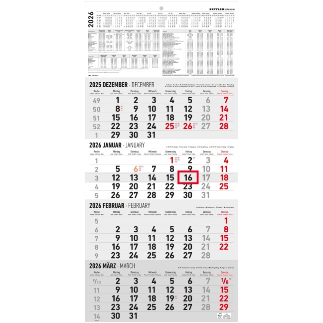 4-Monatskalender 2026 - Büro-Kalender 30x49 cm (geöffnet) - mit Datumsschieber - Zettler - 960-0011 - 