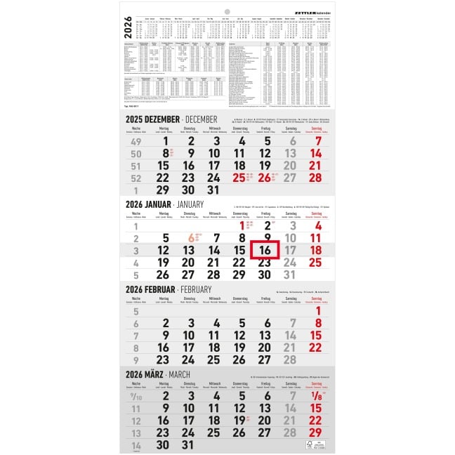 4-Monatskalender 2026 - Büro-Kalender 30x49 cm (geöffnet) - mit Datumsschieber - Zettler - 960-0011 - 